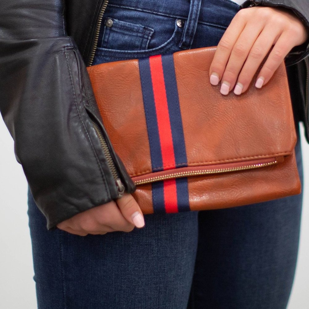 Preppy Stripe Foldover Clutch - Navy & Red Stripe